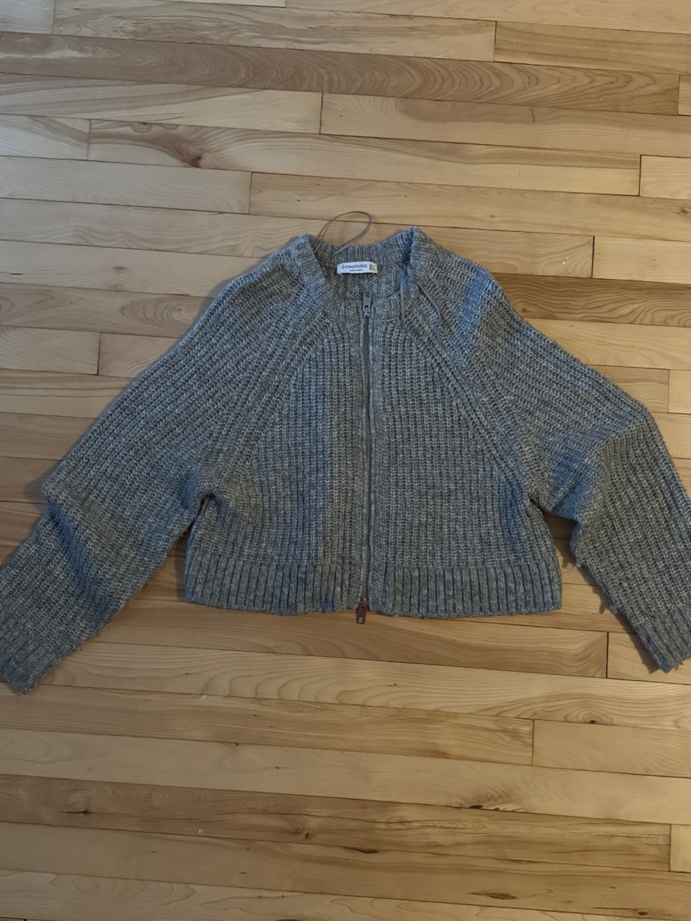 stradivarius Gray Ribbed Zip-Front Knit Cardigan